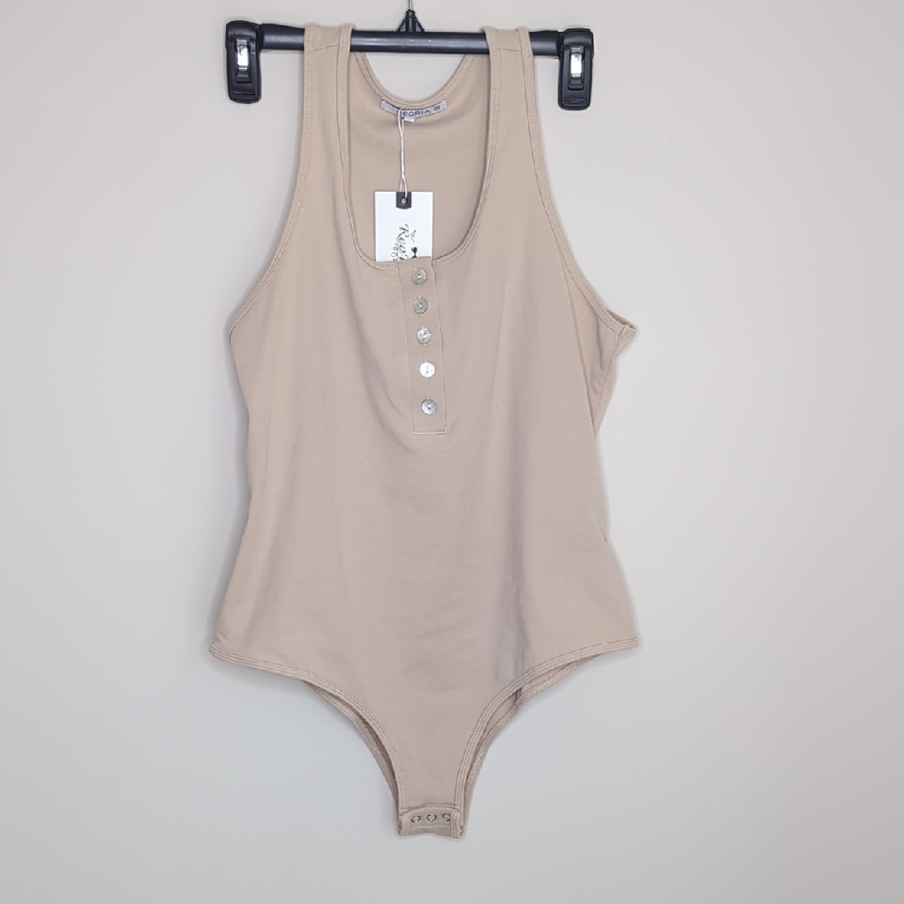 ReoRia Beige Henley Snap-Front Tank Bodysuit